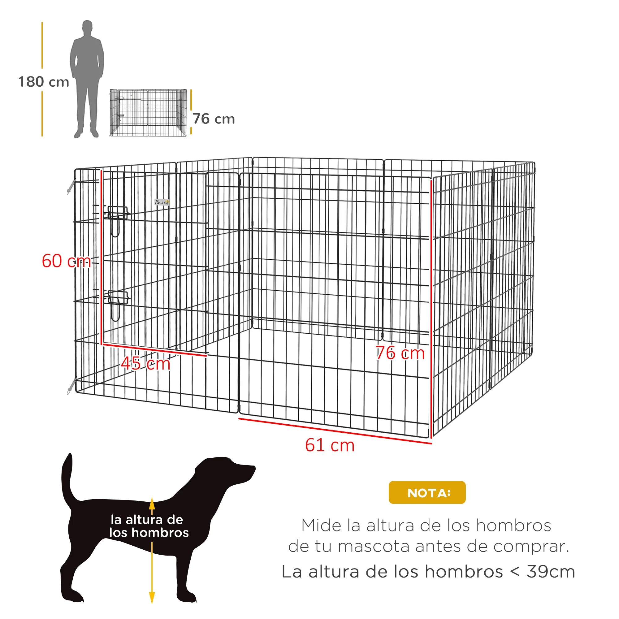 Parque para perros Pawhut de 8 paneles, 76 x 61 cm, con doble cierre, color negro.