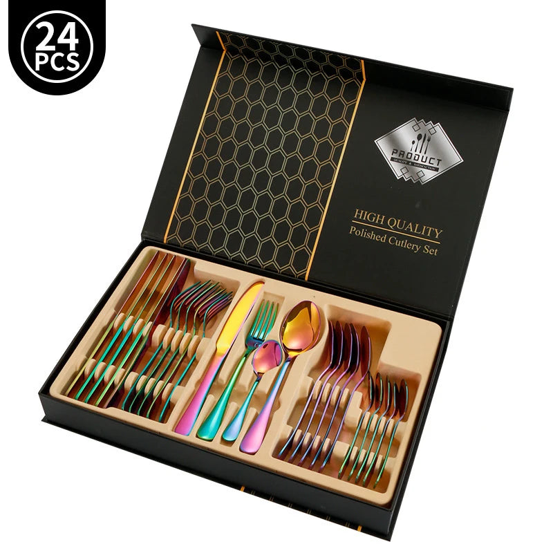 Juego de vajilla dorada de 24 piezas, lujo ligero, acero inoxidable, cubiertos, tenedor, cuchillo, cuchara, vajilla minimalista con caja de regalo.