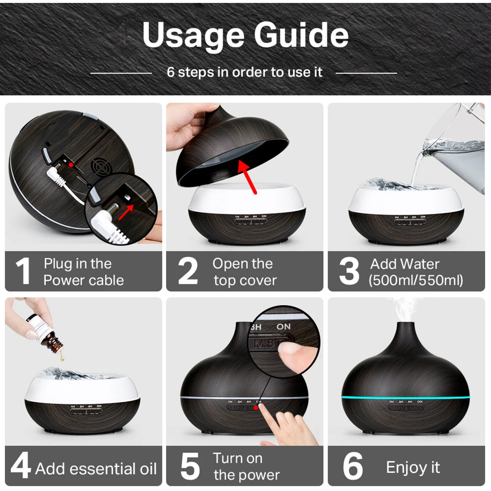 Difusor de aceites esenciales para aromaterapia con acabado de madera, control remoto, humidificador de aire ultrasónico, luz LED de 7 colores.