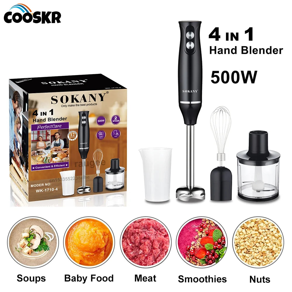 Batidora eléctrica de mano 4 en 1, mezcladora portátil para carne, verduras, ajo, picadora, batidora de huevos, licuadora de cocina para sopas, batidos, purés, etc.