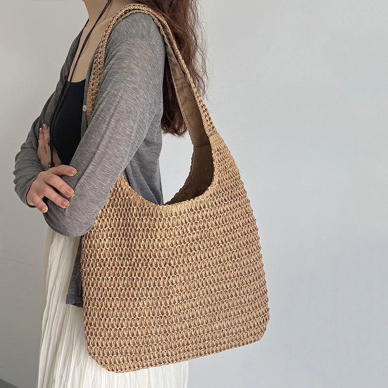 Bolsos de hombro de ratán para mujer, bolsos de mano tejidos para mujer, bolsos de paja de gran capacidad para la playa de verano, bolsos de mano informales.