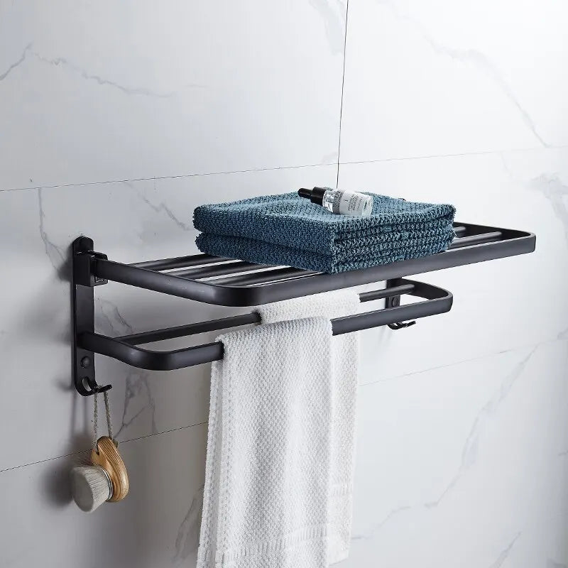 Toallero plegable de aluminio de 50 cm en negro mate con gancho para montaje en pared.