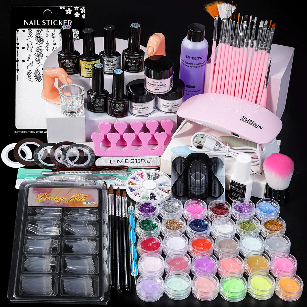 Kit de polvo acrílico y monómero líquido LIMEGIRL para uñas, kit de extensión de uñas 3D con luz LED UV y kit de polvo de cristal.