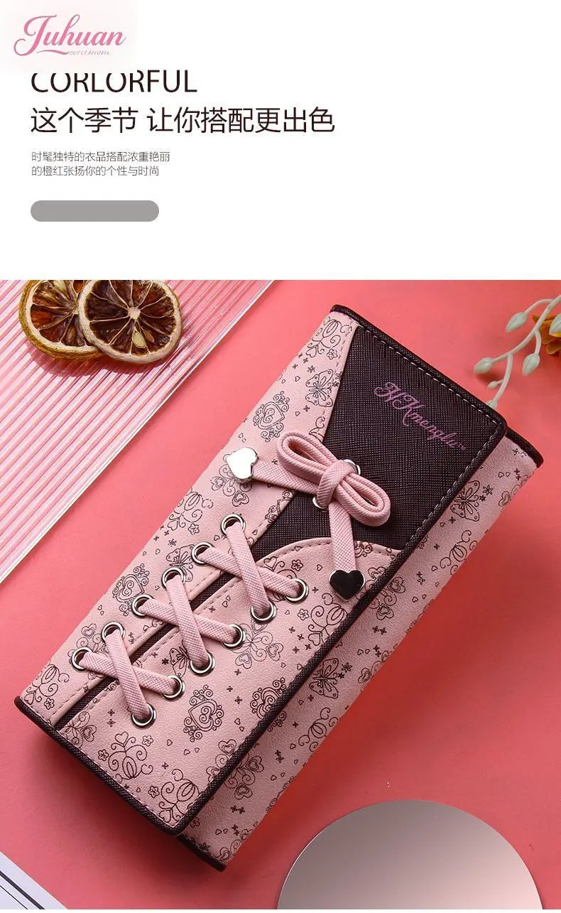 Cartera japonesa lolita para mujer, estilo casual, larga, de gran capacidad, con lazo, plegable, con tres compartimentos, linda y dulce, para tarjetas.