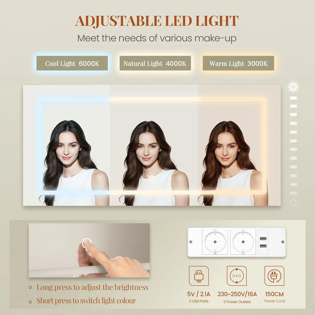 Tocador de 135 cm con espejo LED, tomas de corriente, 8 cajones, estantes abiertos, color blanco y dorado, personalizado.