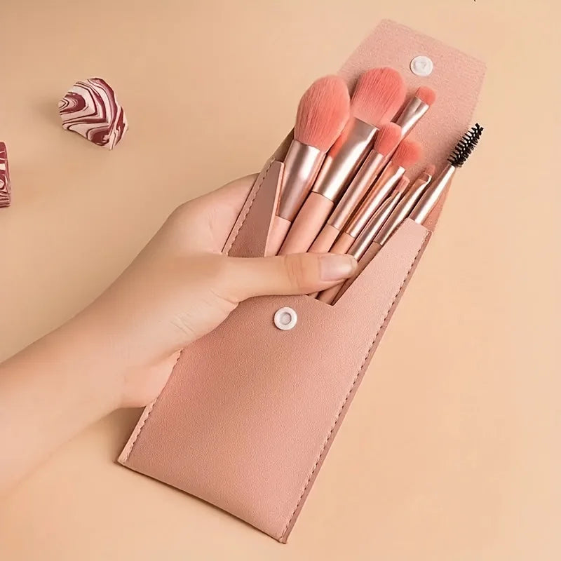Set de 8 brochas de maquillaje, kit de viaje con neceser, mini brocha para sombras de ojos, base, polvos sueltos, colorete y brocha de precisión. Herramientas de belleza.