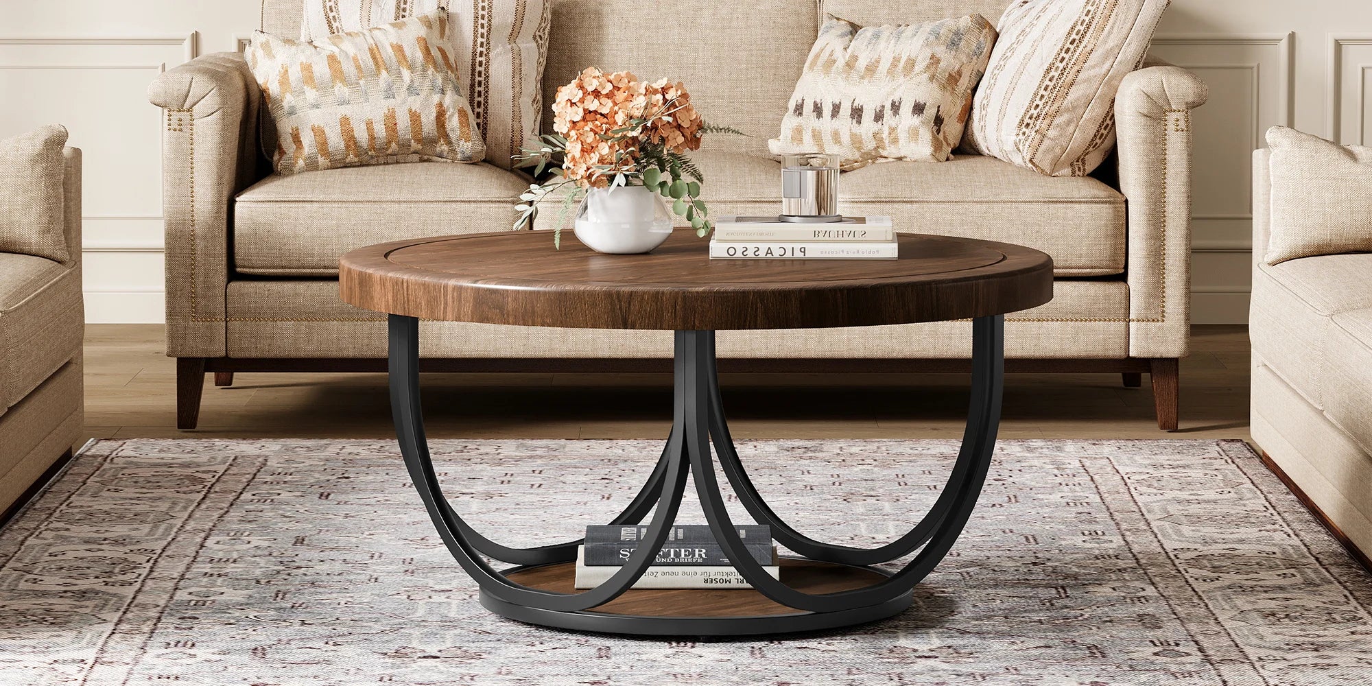 Tribesigns Round Coffee Table with 2 Tiers, 80 cm Wooden Circle Accent Cocktail Table with Storage Shelf and Metal Frame