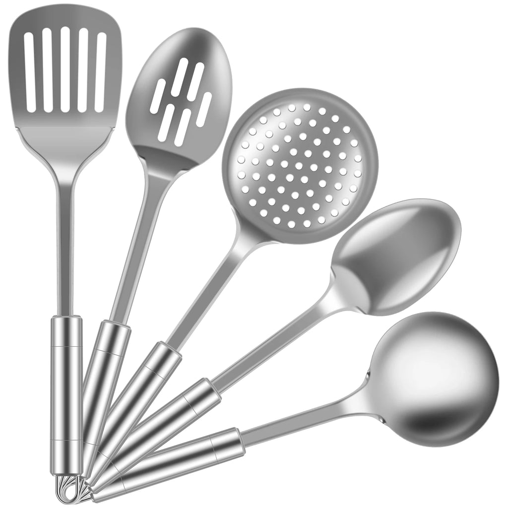 Juego de 5 utensilios de cocina de acero inoxidable duraderos, cucharas, espátulas y utensilios lavables.