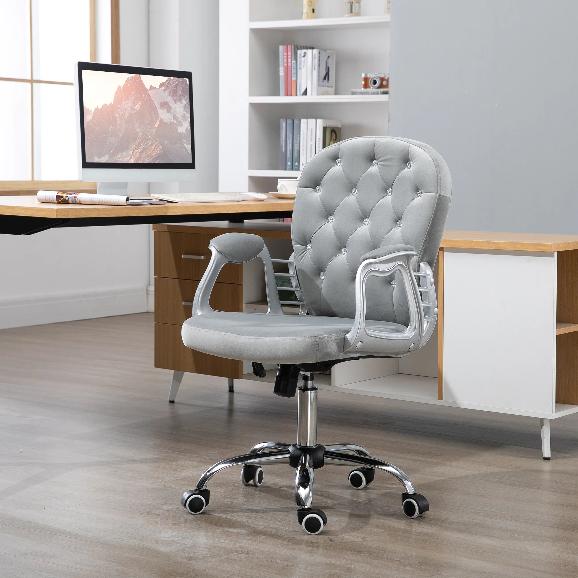 Vinsetto Silla de Escritorio de Terciopelo con Altura Ajustable Reposabrazos y Decoraciones de Diamantes 59,5x60,5x93-103 cm Gris