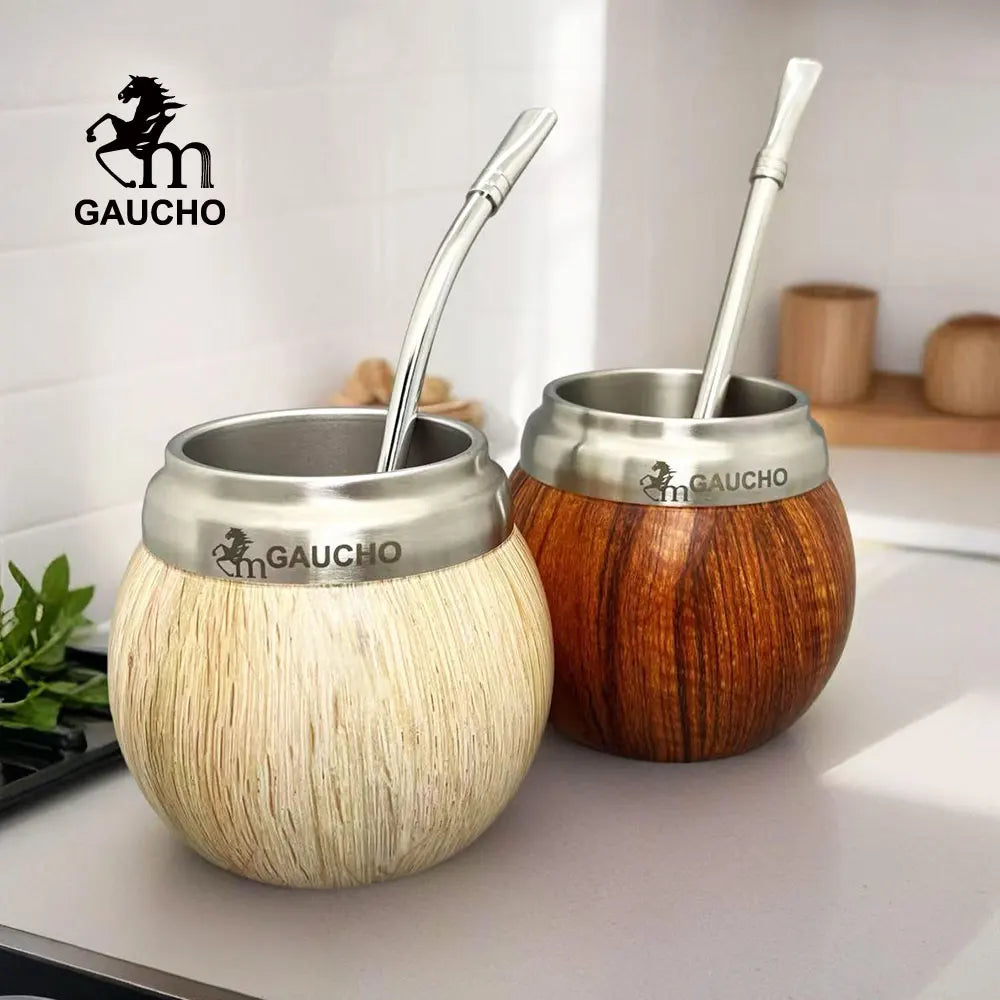 Juego de mate Gaucho Yerba Mate de acero inoxidable con forma de calabaza, 210 ml, aislamiento térmico, filtro extraíble, pajita, bombilla y cepillo de limpieza.