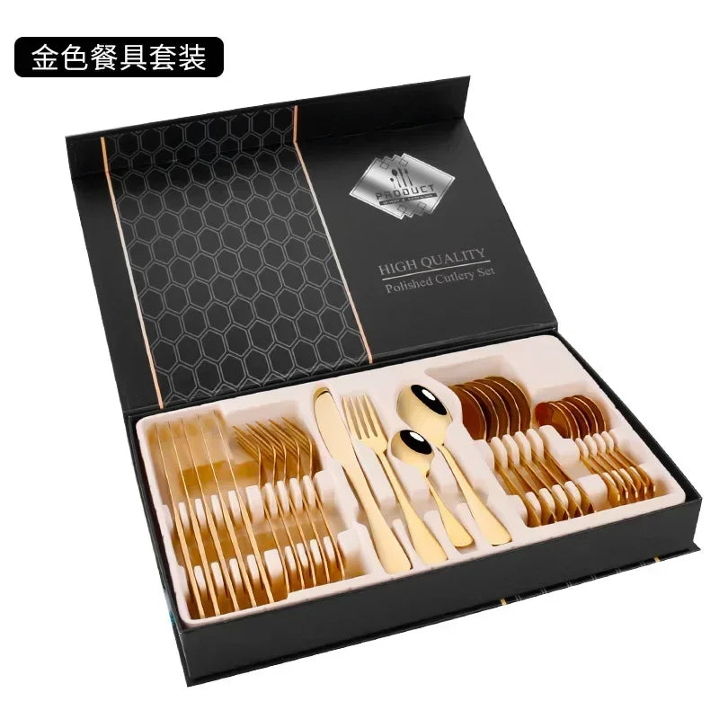 Juego de vajilla dorada de 24 piezas, lujo ligero, acero inoxidable, cubiertos, tenedor, cuchillo, cuchara, vajilla minimalista con caja de regalo.