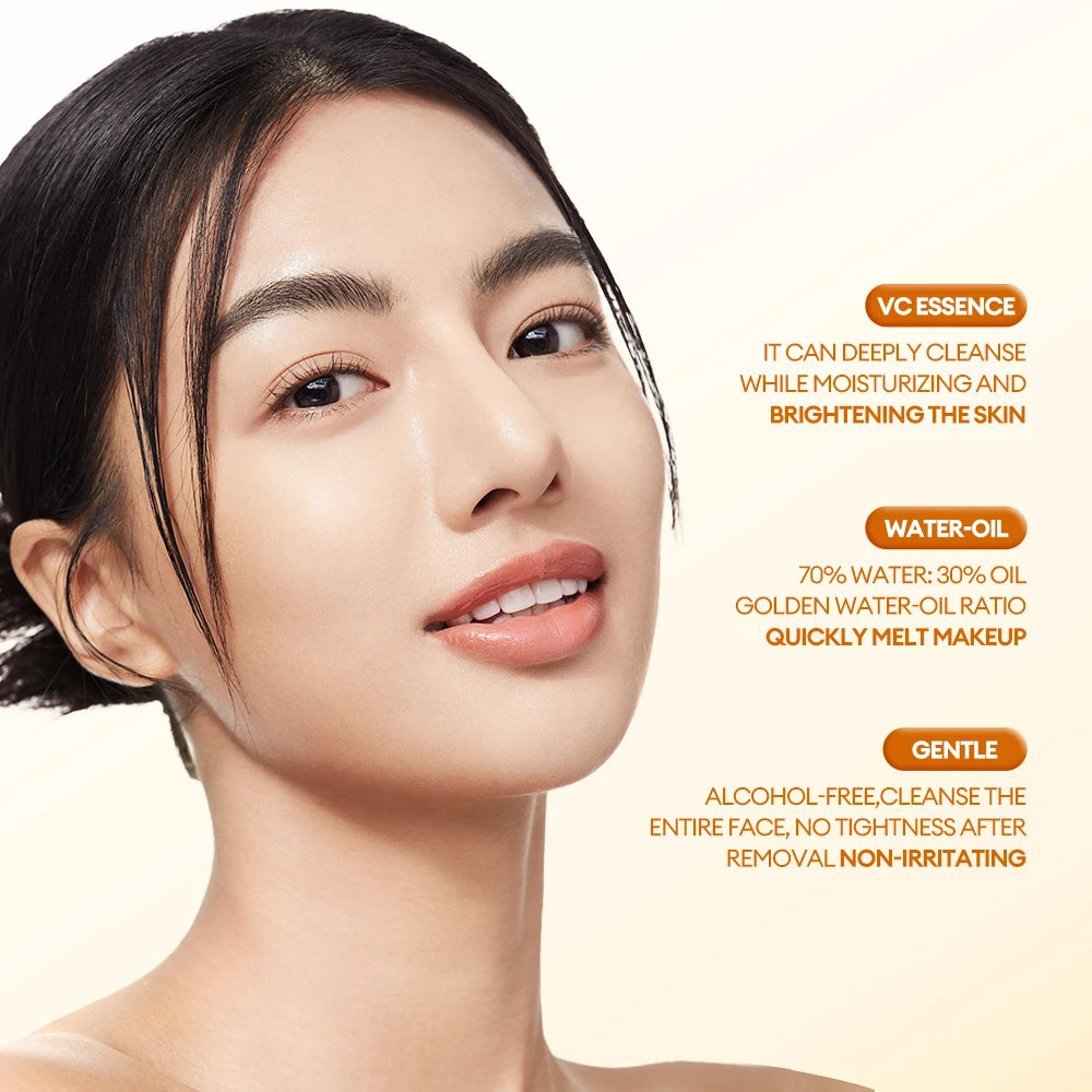 Desmaquillante bifásico con esencia de vitamina C para pieles sensibles. Disuelve instantáneamente el maquillaje más resistente sin irritar.