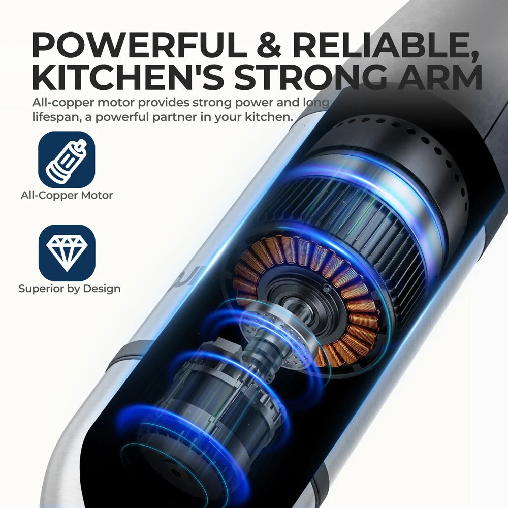 Batidora de mano eléctrica 6 en 1, batidora de inmersión multiusos, cuchillas de acero inoxidable, para el hogar y la cocina, potencia máxima de 1500 W.