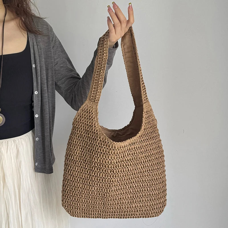 Bolsos de hombro de ratán para mujer, bolsos de mano tejidos para mujer, bolsos de paja de gran capacidad para la playa de verano, bolsos de mano informales.