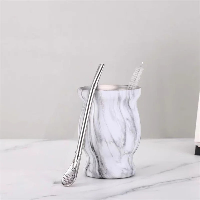 Mate de acero inoxidable 304 de doble pared de 237 ml (8 oz) con pajita, cuchara y cepillo de limpieza.