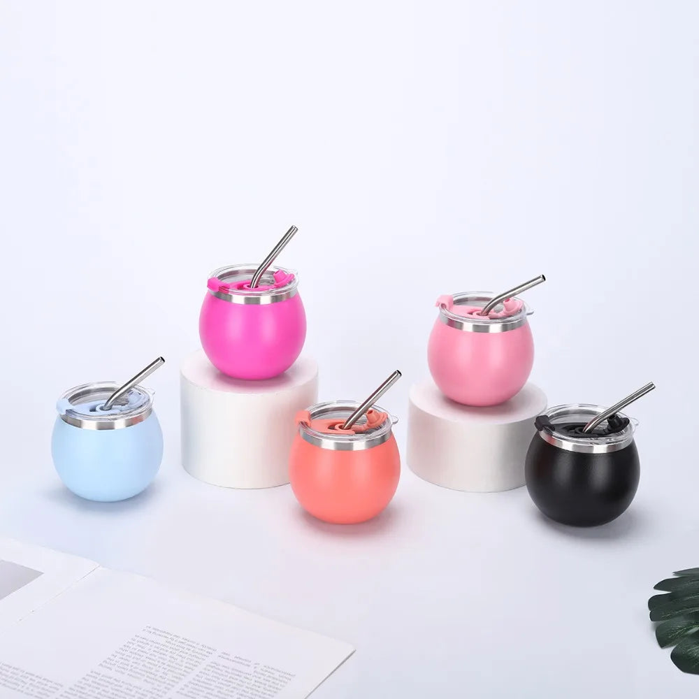 Mate argentino de doble pared de 148 ml (5 oz) de acero inoxidable con aislamiento térmico, pajita y tapa. Ideal para exteriores.