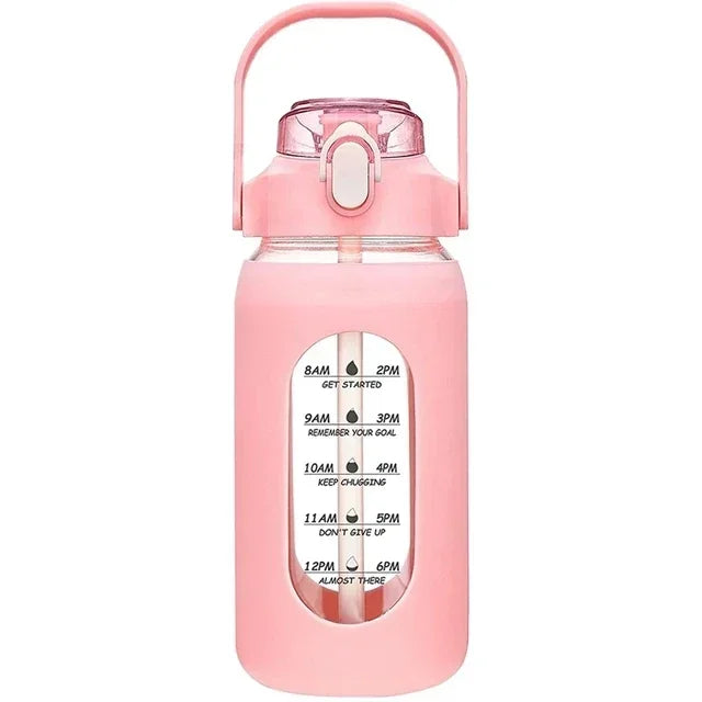 Botellas de agua de vidrio de 1000 ml con pajita, botella de vidrio con funda de silicona y marcador de tiempo, para gimnasio, camping, hogar y oficina.