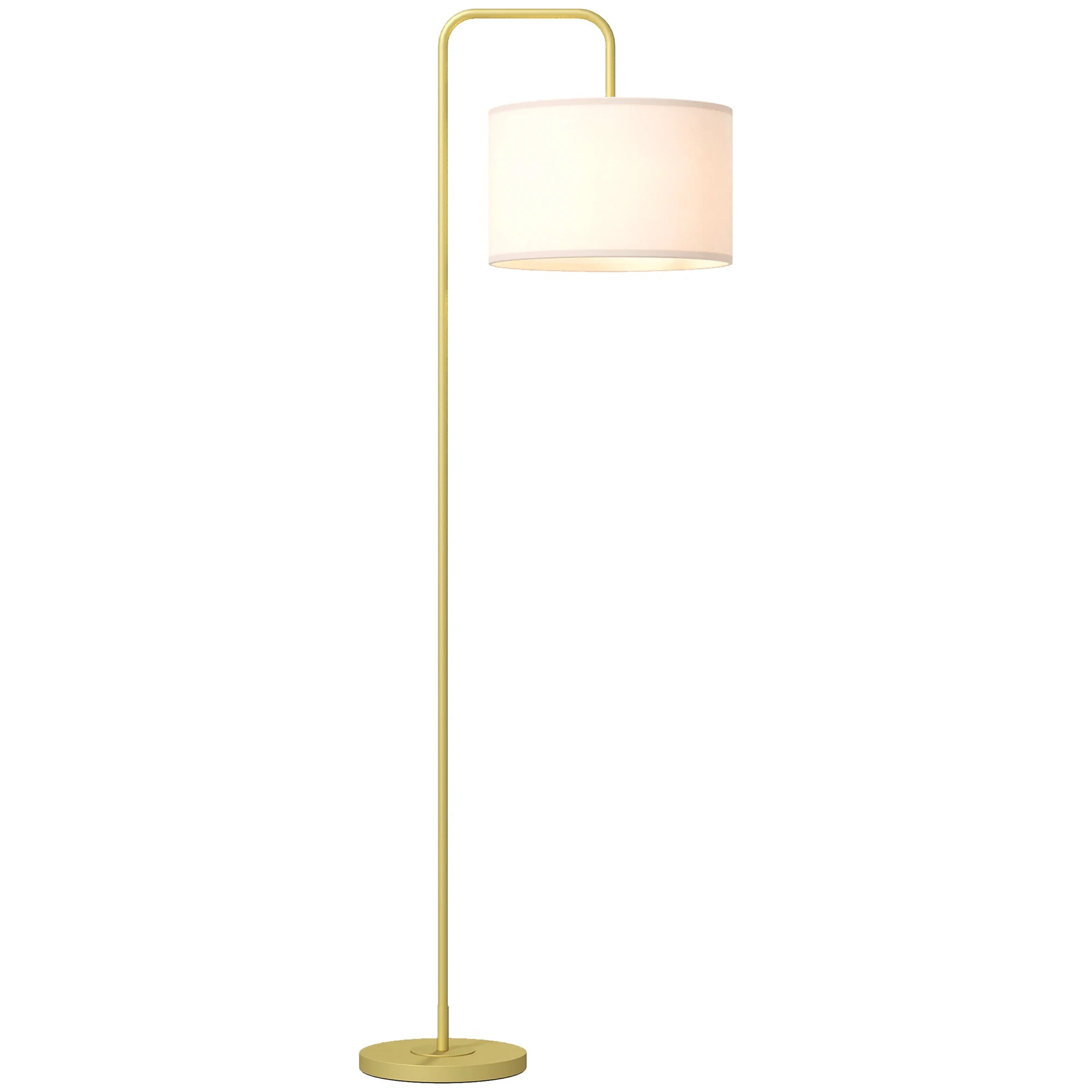 Lámpara de pie moderna Homcom con pantalla de lino sintético, lámpara de lectura para salón, 64 x 38 x 163,5 cm, blanca y dorada.