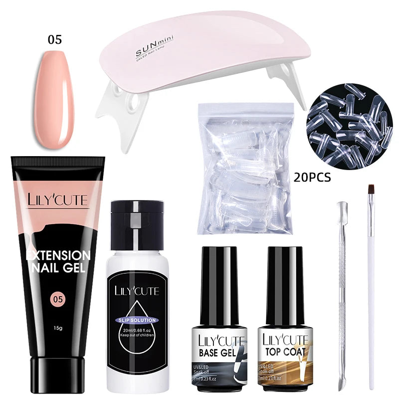 Kit de gel para extensión de uñas LILYCUTE de 15 ml, solución acrílica, esmalte en gel con lámpara para uñas para una rápida extensión, gel UV para uñas.
