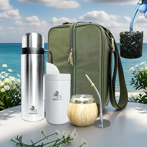 1 juego/lote de kits de viaje Gaucho Yerba Mate. Incluye termo de acero inoxidable, calabazas, bombilla, pajita y lata de té.