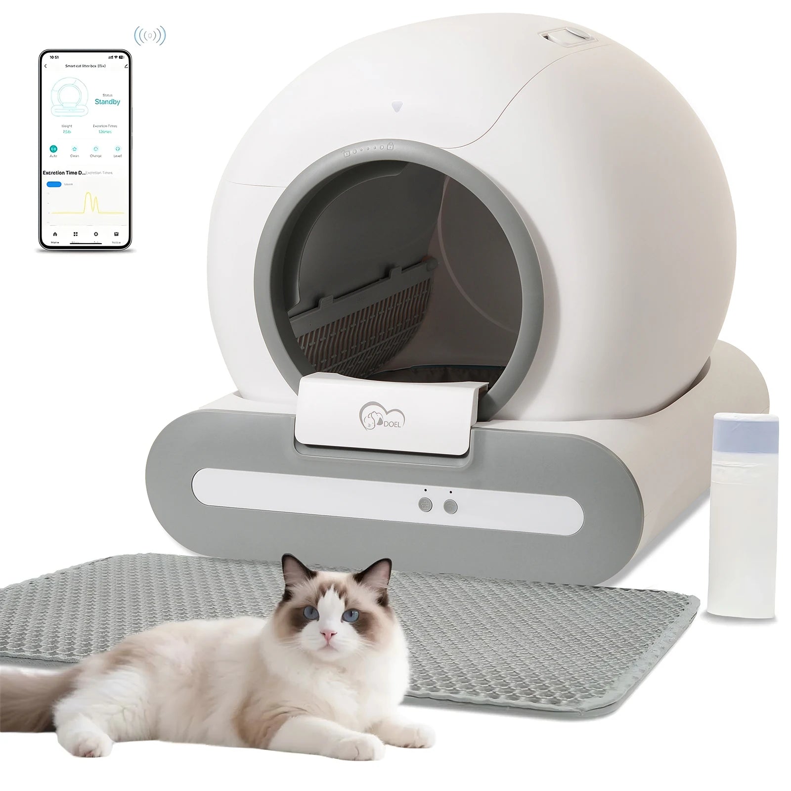 Arenero autolimpiable DOEL de 65 litros con control por aplicación, compatible ÚNICAMENTE con WiFi de 2,4 GHz, incluye alfombrilla para arena y bolsas de basura, apto para arena tipo tofu y mixta.