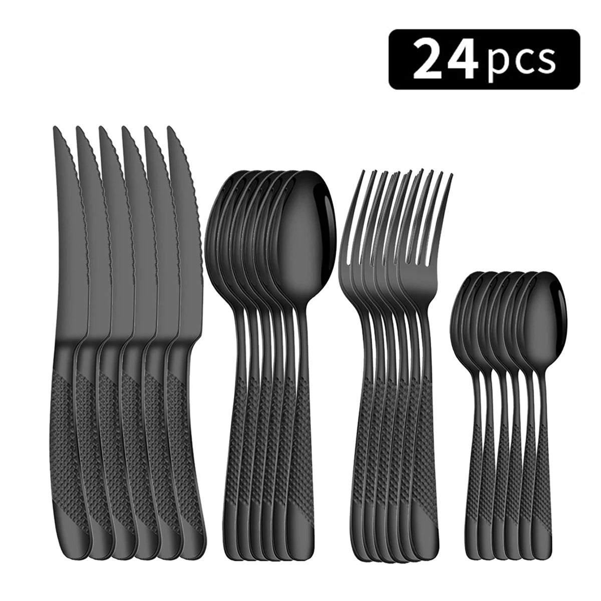 Juego de vajilla familiar de acero inoxidable de 24 piezas: cuchillo y tenedor para carne, tenedor de postre y cuchara.