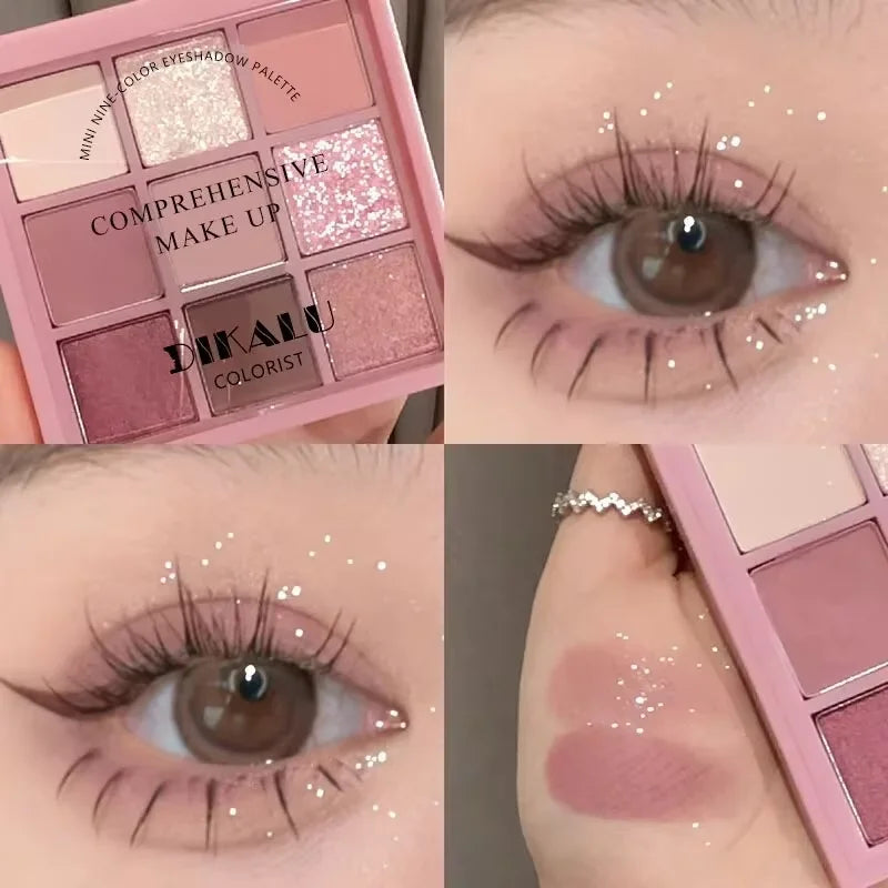 Paleta de sombras de ojos de nueve colores con perlas, brillo sutil, destellos superpuestos, purpurina brillante y colores vibrantes. Nueva.