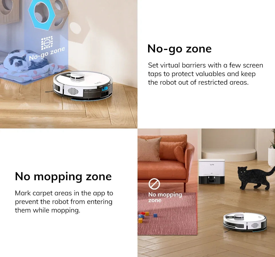 Robot aspirador y fregador ILIFE A12 Pro, navegación LIDAR, recogida automática de polvo, succión de 3000 Pa, control por app/remoto.