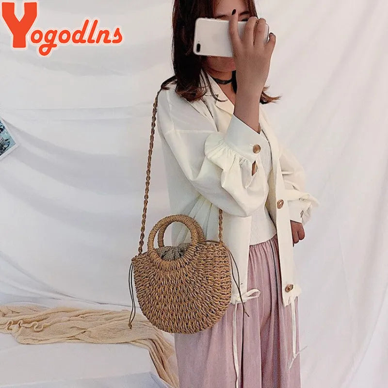Bolso de paja tejido de ratán semicircular hecho a mano Yogodlns, bolso bandolera de verano para mujer, bolso pequeño de playa para niñas, nuevo.