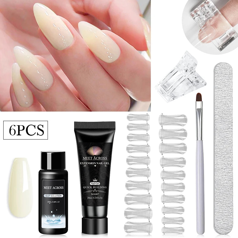 MEET ACROSS Kit de gel para extensión de uñas de 20 ml, gel duro de construcción rápida, acrílico, cristal blanco nude, esmalte de uñas de gel UV.
