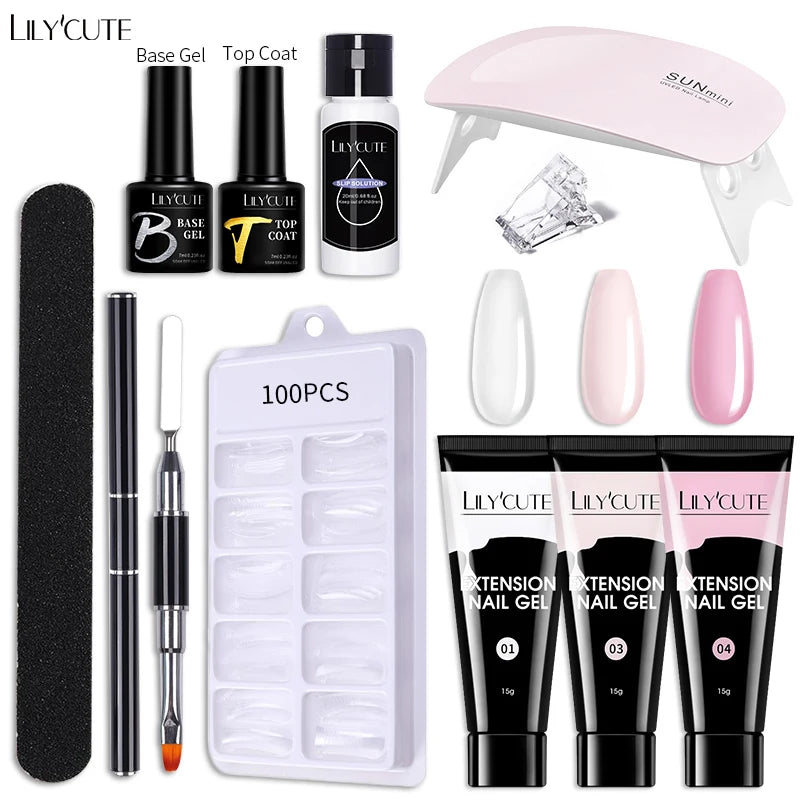 Kit de gel para extensión de uñas LILYCUTE de 15 ml, gel UV, acrílico, blanco, transparente, rosa, esmalte de uñas, lámpara LED, set de manicura para decoración de uñas.