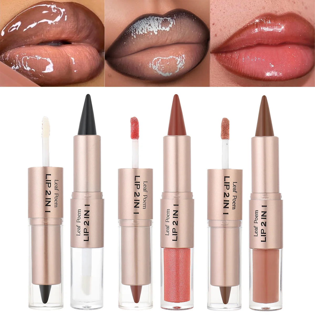 Delineador de labios 2 en 1 cónico degradado, brillo labial nude marrón efecto espejo, delineador de labios mate, resistente al agua, contorno de labios, maquillaje no pegajoso.