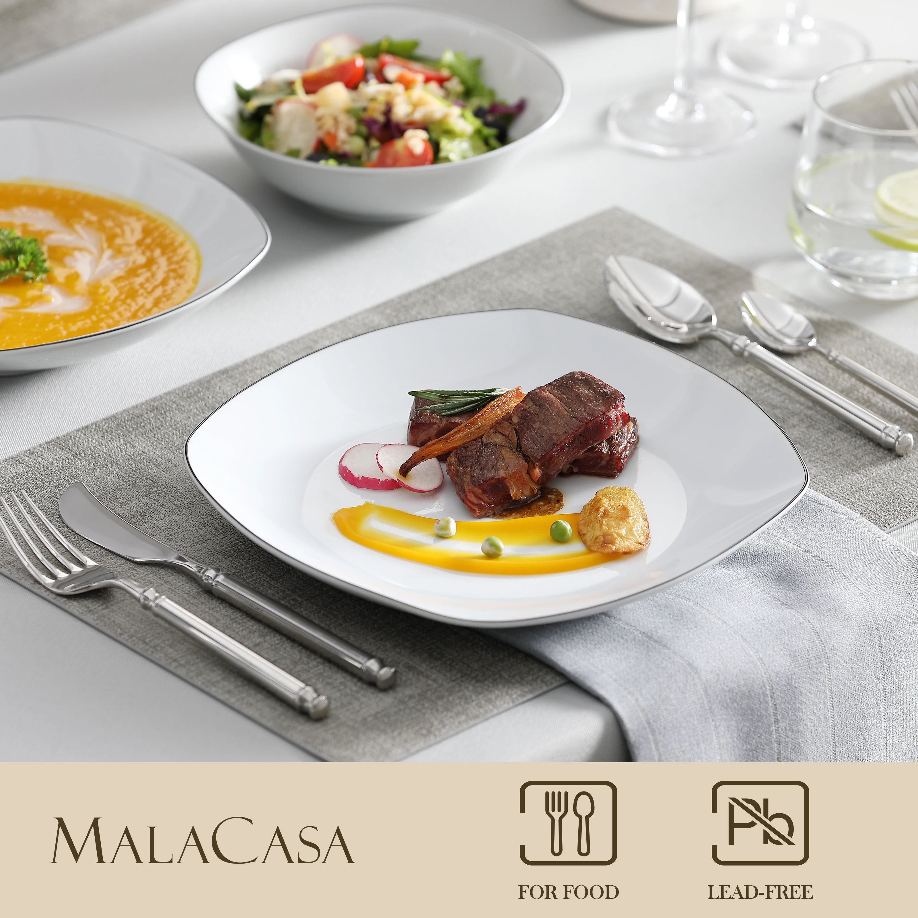 Juego de vajilla de porcelana MALACASA de 24/48 piezas con borde negro, que incluye 6/12 platos hondos y llanos. Servicio para 12/24 personas.