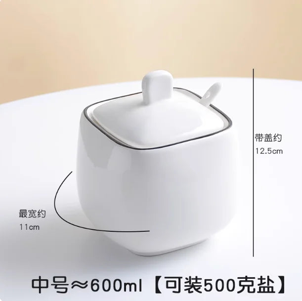 Utensilios de cocina: salero, azucarero con cuchara, tarro de cerámica blanca para condimentos, aceitera, caja para condimentos, herramienta de almacenamiento de cocina.