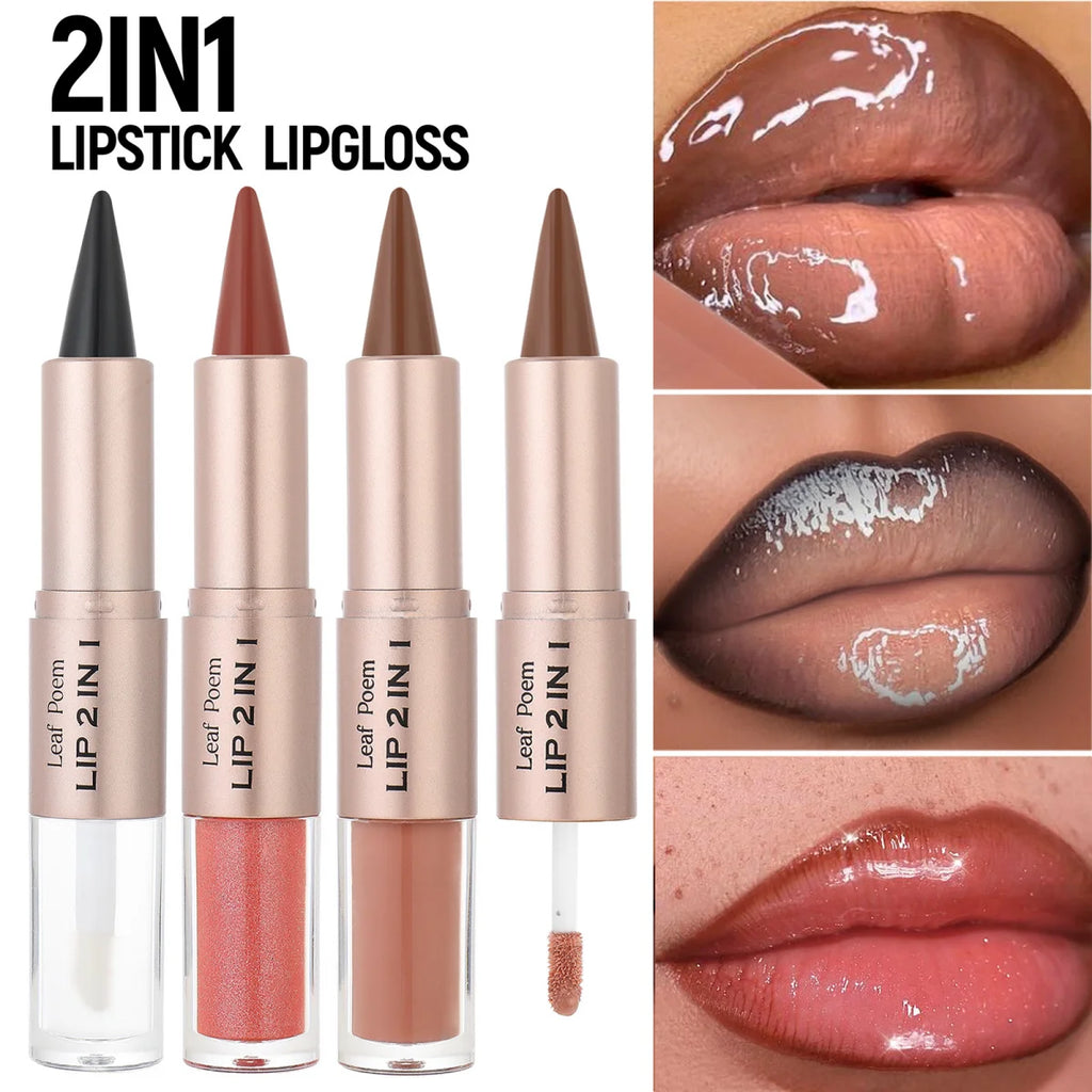 Delineador de labios 2 en 1 cónico degradado, brillo labial nude marrón efecto espejo, delineador de labios mate, resistente al agua, contorno de labios, maquillaje no pegajoso.