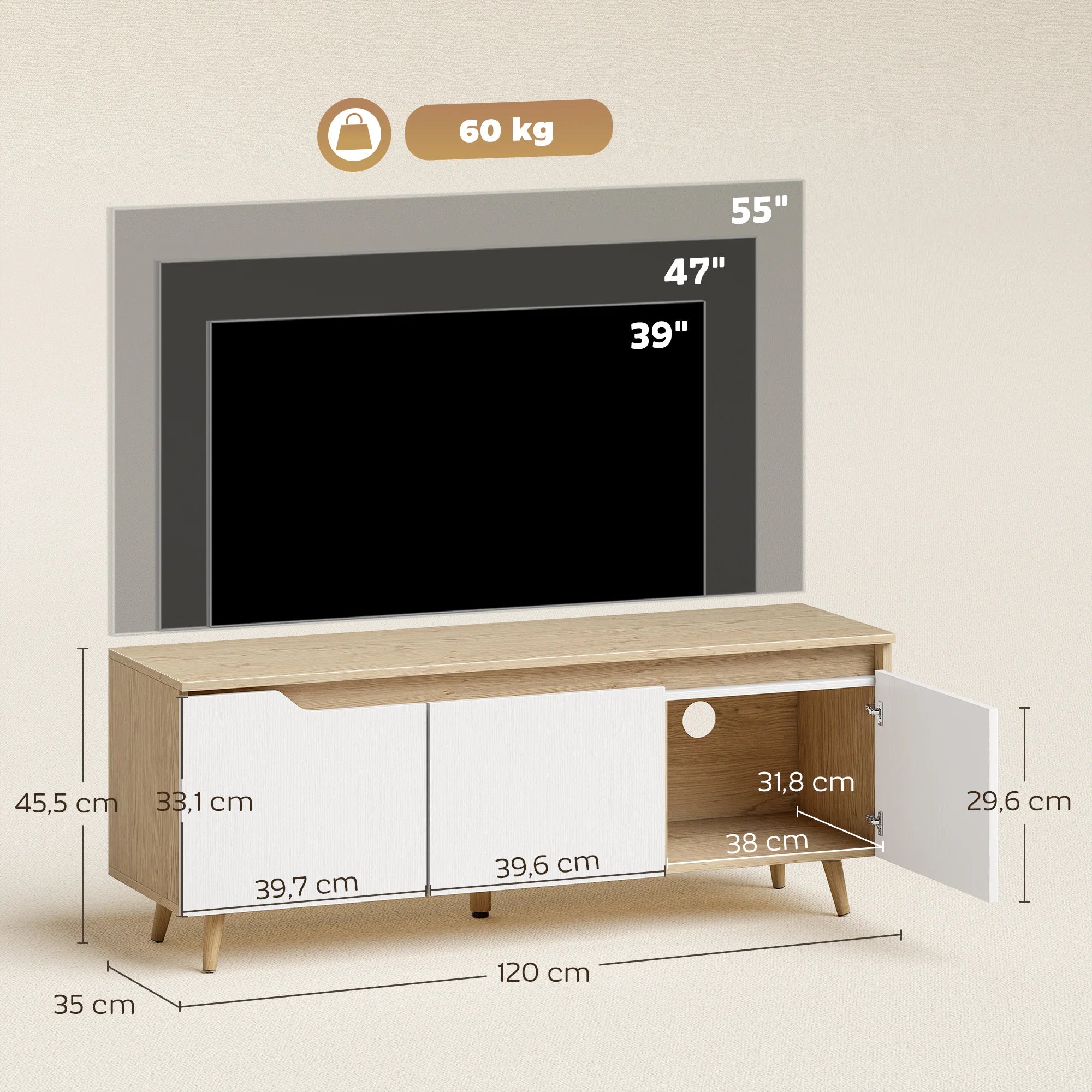 HOMCOM Mesa de TV para Salón con 3 Puertas para Televisión de 55 Pulgadas Estilo Moderno 120x35x45,5 cm Roble y Blanco