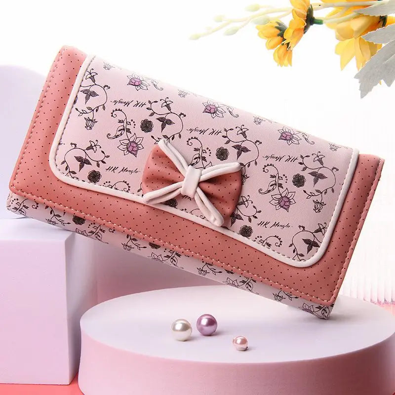 Cartera japonesa lolita para mujer, estilo casual, larga, de gran capacidad, con lazo, plegable, con tres compartimentos, linda y dulce, para tarjetas.