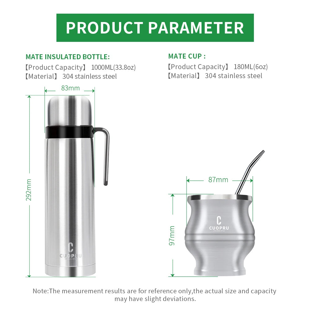 Kit de Yerba Mate - Incluye mate moderno, bombilla, cepillo de limpieza y termo - Acero inoxidable 304 de primera calidad (plateado)