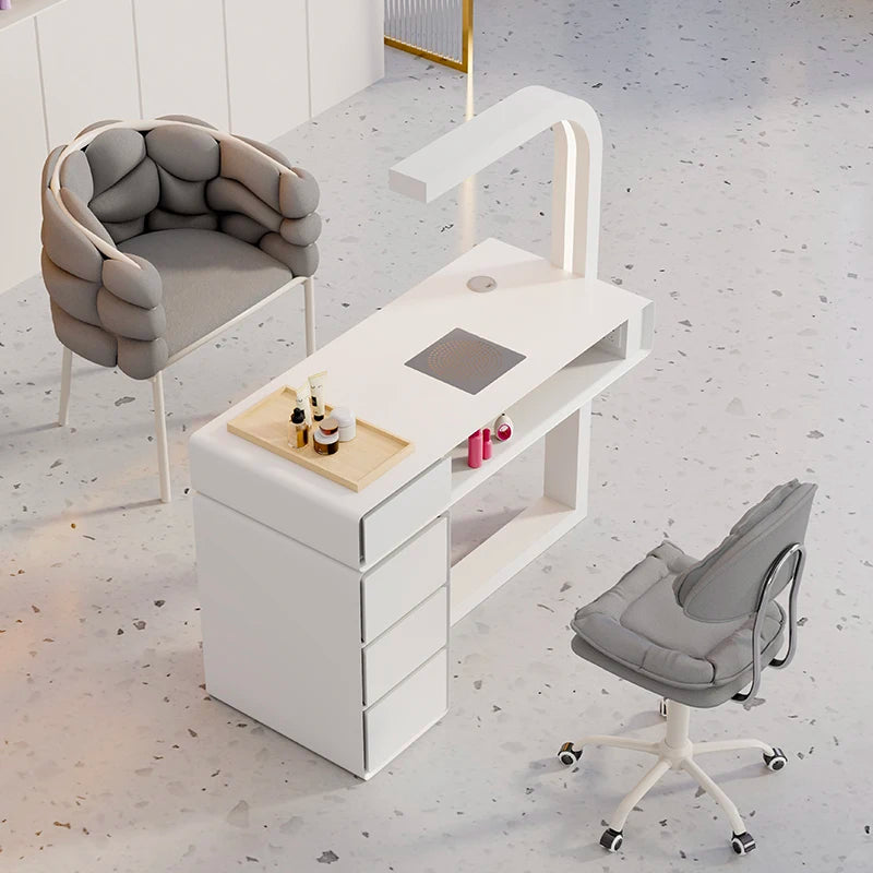 Cream Dust Collector Manicure Table With Lamp French Beauty Storage Nail Table Minimalist Aesthetic Table Ongle Salon Furniture