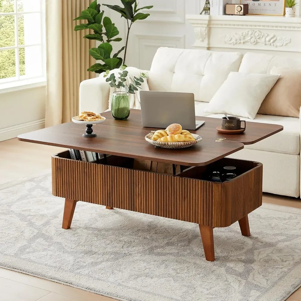 3 in 1 Lift Top Coffee Table, Fluted Convertible Coffee Tables Converts to Dining Tables, Modern Oval Wooden Center Table with S