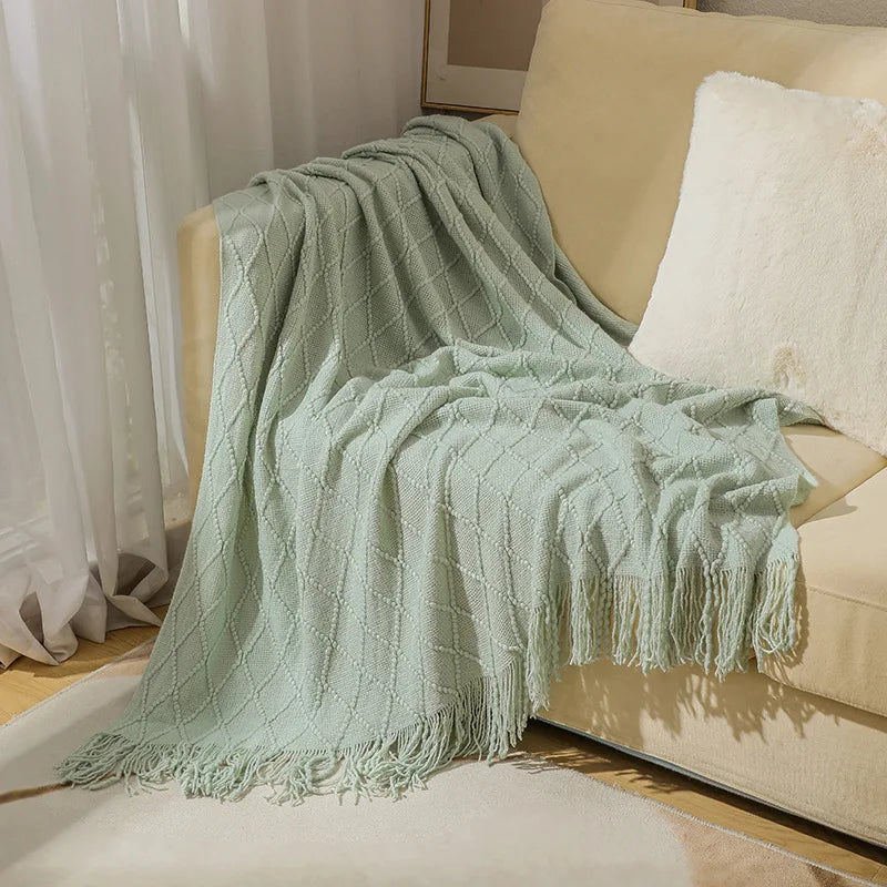Manta tejida color caqui con borlas, gruesa, de estilo vintage, lujosa, estilo granja, cubrecama extragrande, manta para sofá