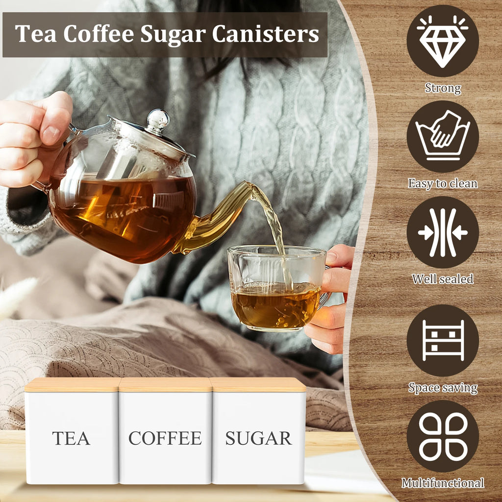 3 botes de almacenamiento para granos de café, té y azúcar, con cierre hermético al vacío. Botes de hierro para cocina con tapa hermética.