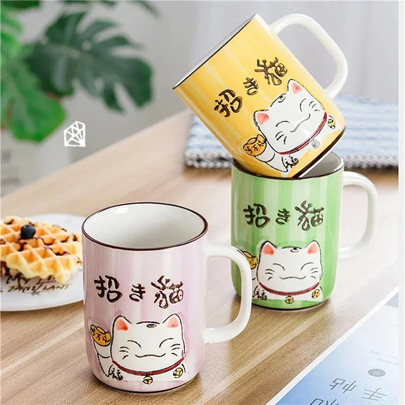Taza de cerámica con diseño de gato de la suerte japonés, vaso de agua de alta capacidad para el hogar, la cocina y la oficina, ideal para café o té (400 ml).