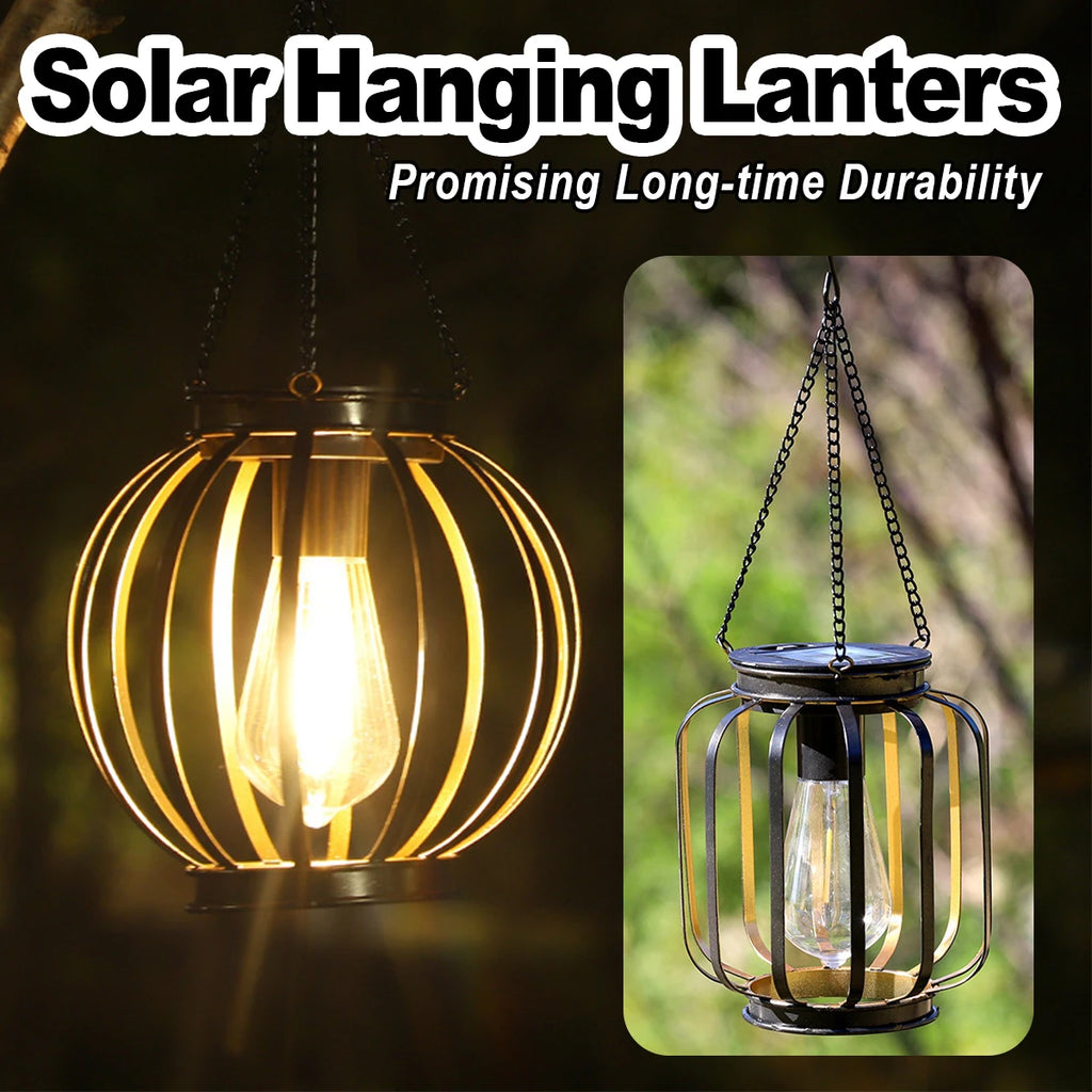 Linterna solar exterior impermeable con luz LED, lámparas de jardín de 3000k con sensor de luz diurna y cadena duradera para exteriores. Carcasa metálica hueca.
