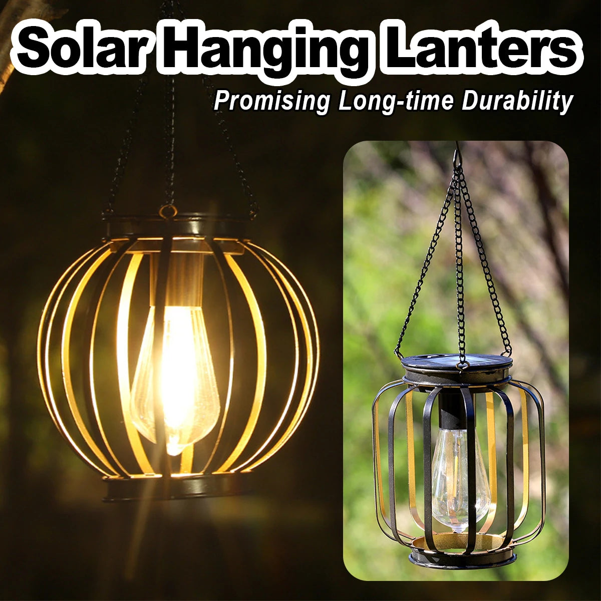 Linterna solar exterior impermeable con luz LED, lámparas de jardín de 3000k con sensor de luz diurna y cadena duradera para exteriores. Carcasa metálica hueca.