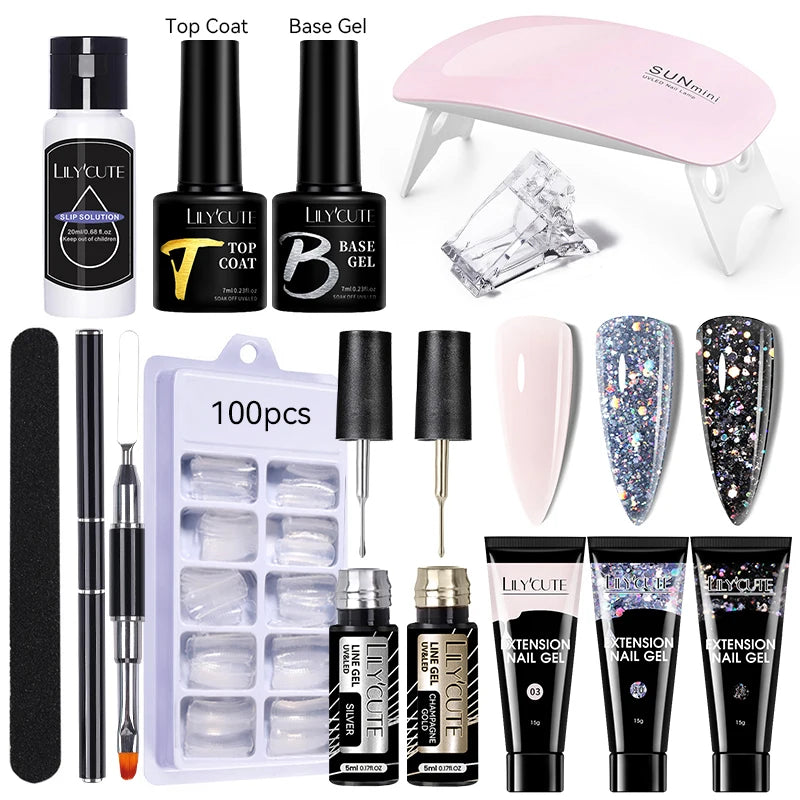 Kit de gel para extensión de uñas LILYCUTE de 15 ml, solución acrílica, esmalte en gel con lámpara para uñas para una rápida extensión, gel UV para uñas.