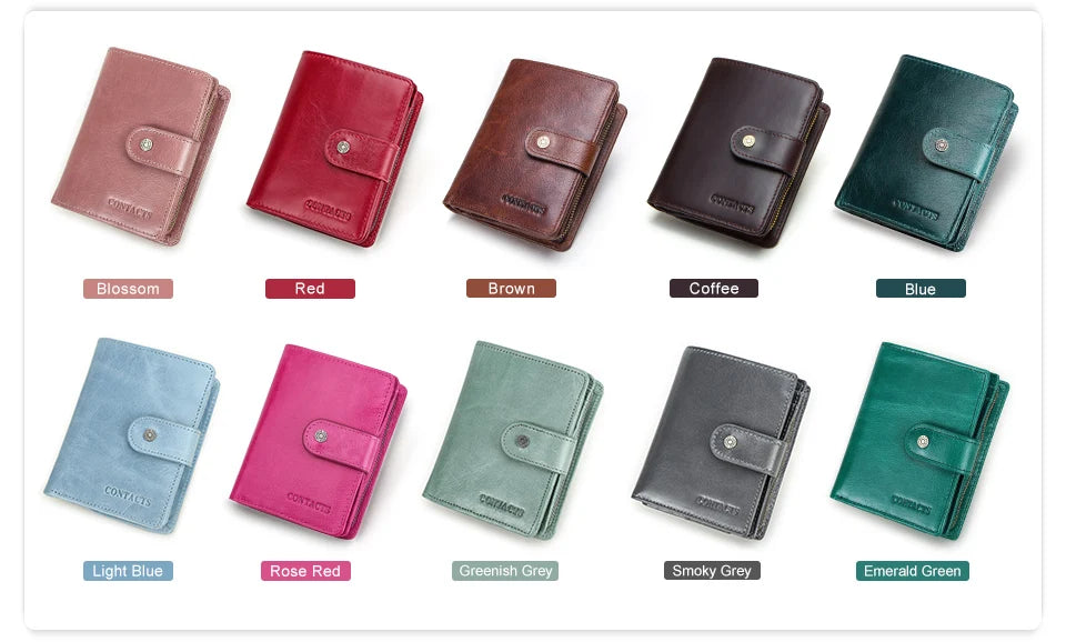 Carteras de cuero genuino Contact'S para mujer y hombre, cartera corta pequeña con bloqueo RFID, tarjetero, monedero rojo para mujer