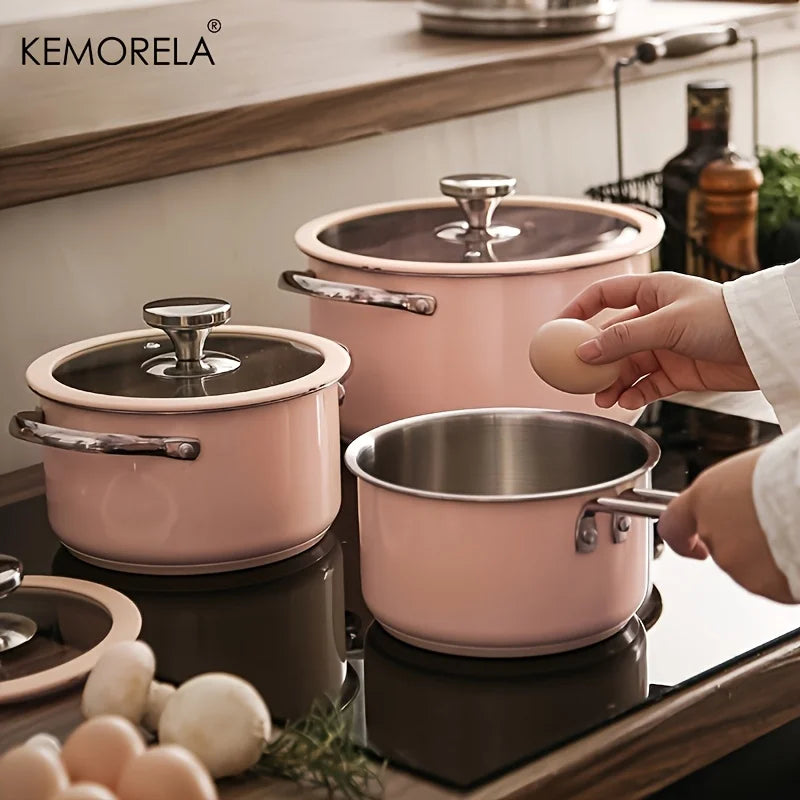 Juego de 9 piezas de utensilios de cocina rosas con revestimiento cerámico antiadherente. Sartén y cacerola aptas para inducción. Compatible con todo tipo de cocinas.