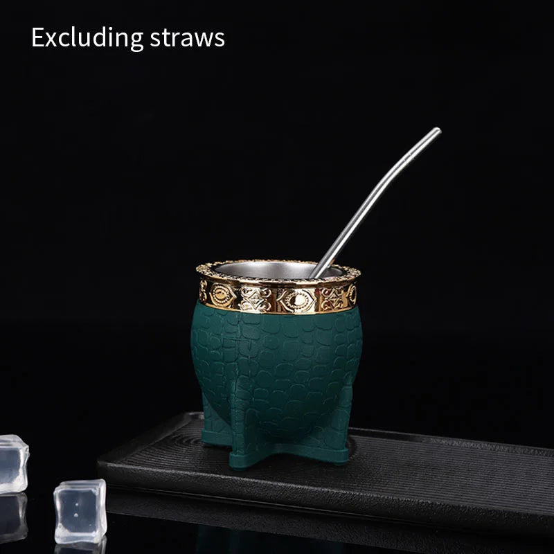 Mate de acero inoxidable de doble capa con pajita, textura de caparazón de tortuga