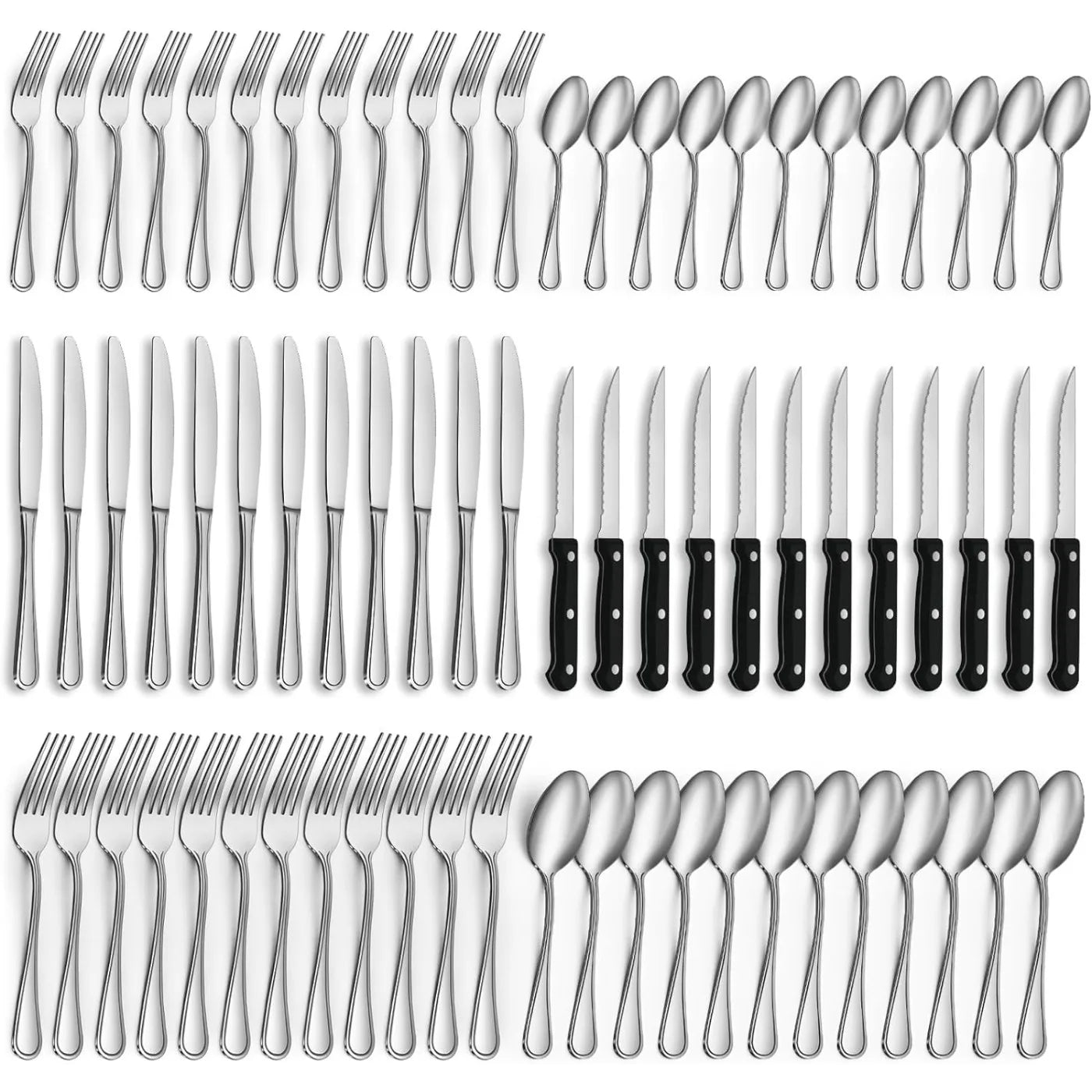 Juego de cubiertos de acero inoxidable de 72 piezas, apto para 12 personas, juego de cubiertos pulidos de alto brillo, con cuchillo para carne, apto para lavavajillas.